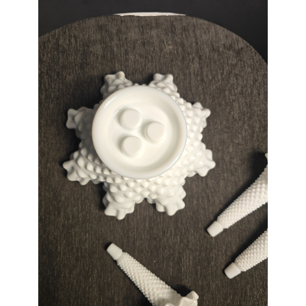 Vintage Fenton Hobnail Milk Glass Epergne Ruffled Bowl 3 Horned Vase Art Glass - Picture 7 of 11